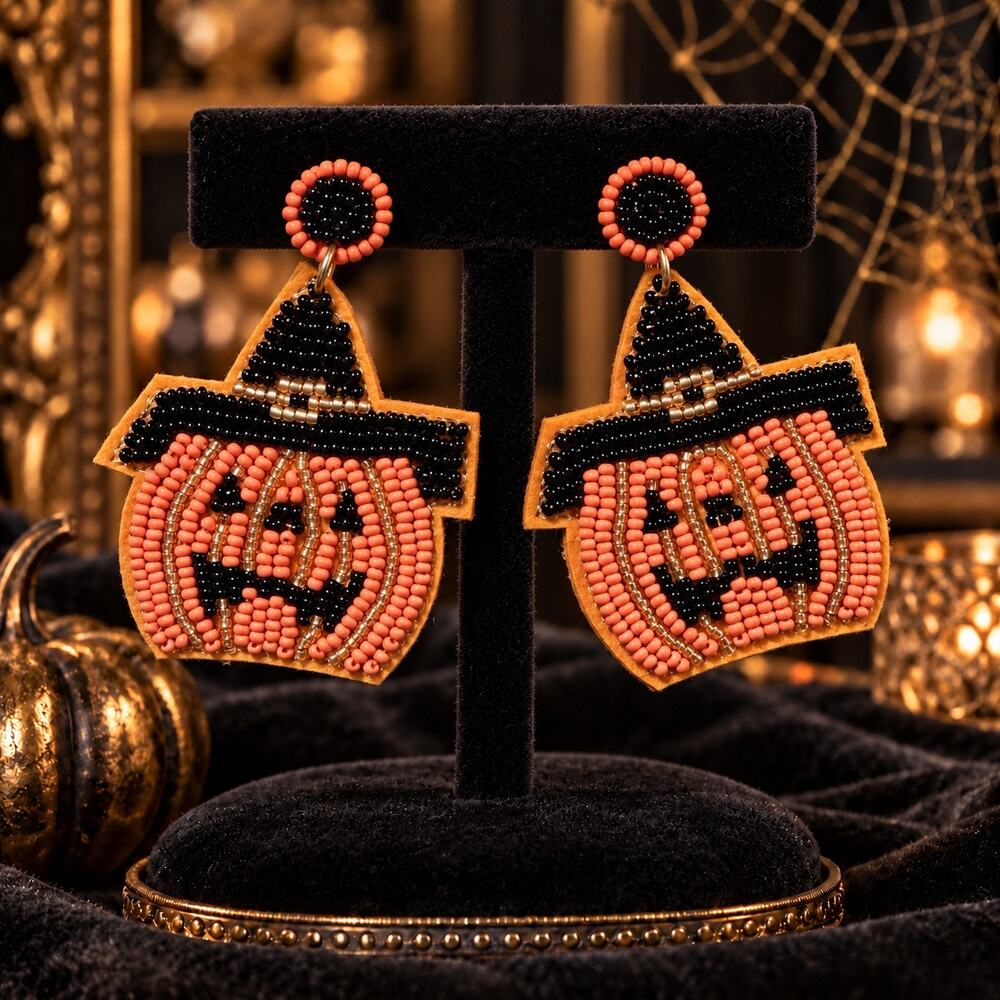 Leith Beaded Jack O Lantern Witch Hat Halloween 2.75” Dangle Earrings NWT